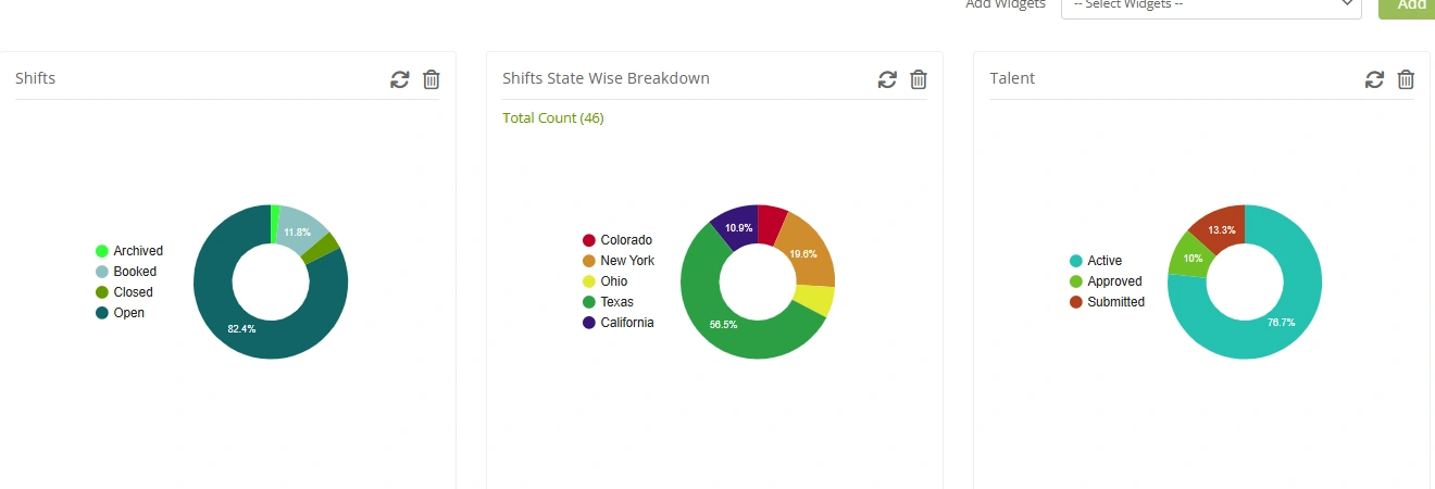 Custom chart widgets showing shift stages, program stages and talent assignments.