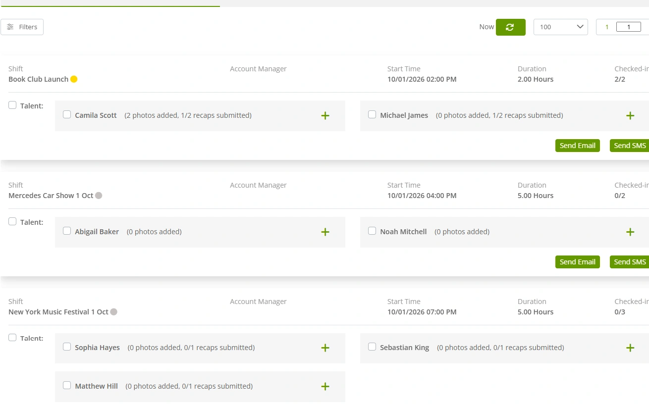 Live check-in dashboard showing talent, check-in status and shift details.